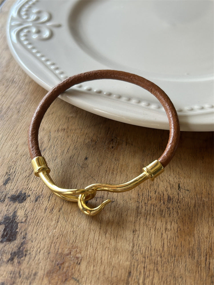 Gold-Plated PU Cord Bangle — gold bracelet, view 2