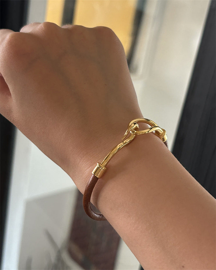 Gold-Plated PU Cord Bangle — gold bracelet, view 3