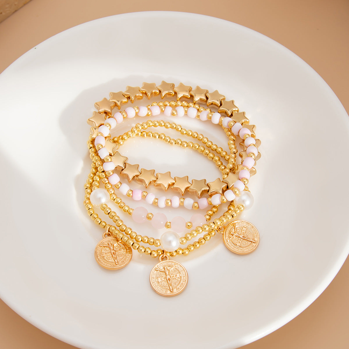 Star Charm Beaded Chain Bracelet — gold bracelet, view 2