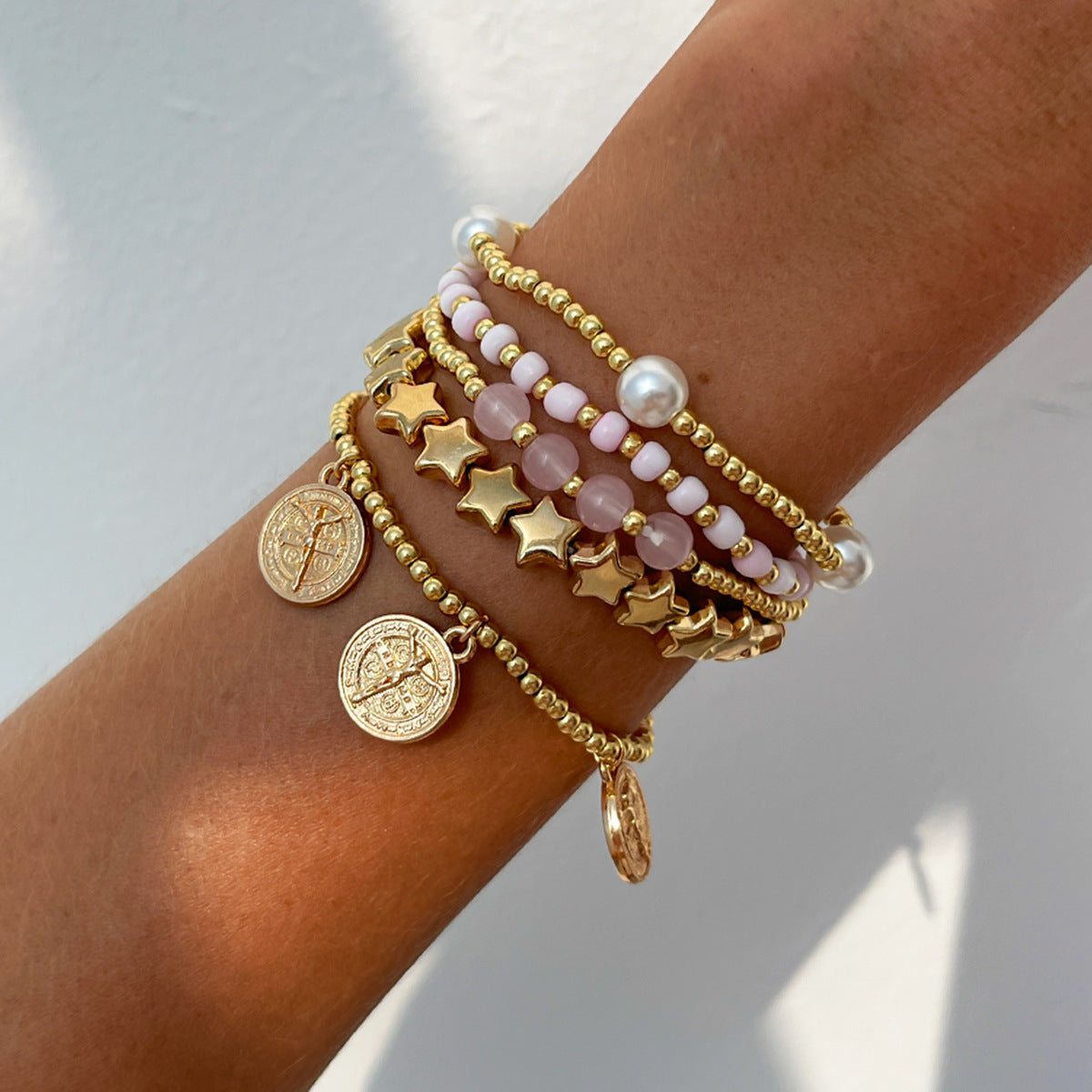 Star Charm Beaded Chain Bracelet — gold bracelet, view 5