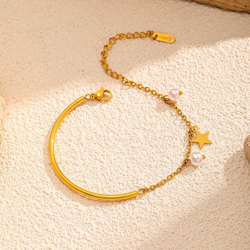 Star and Pearl Charm Bracelet — gold bracelet, view 3
