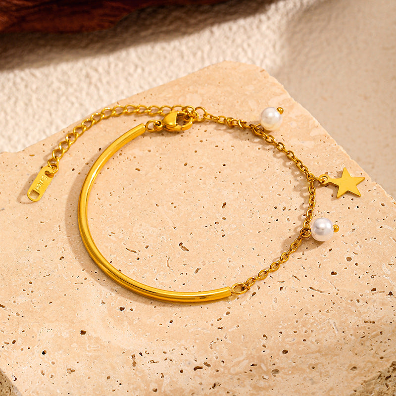 Star and Pearl Charm Bracelet — gold bracelet, view 5