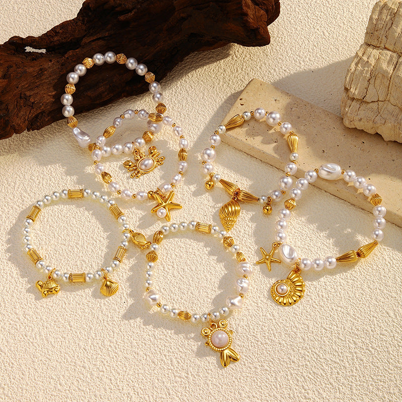 Pearl Chain Shell Bracelet — gold bracelet, view 2