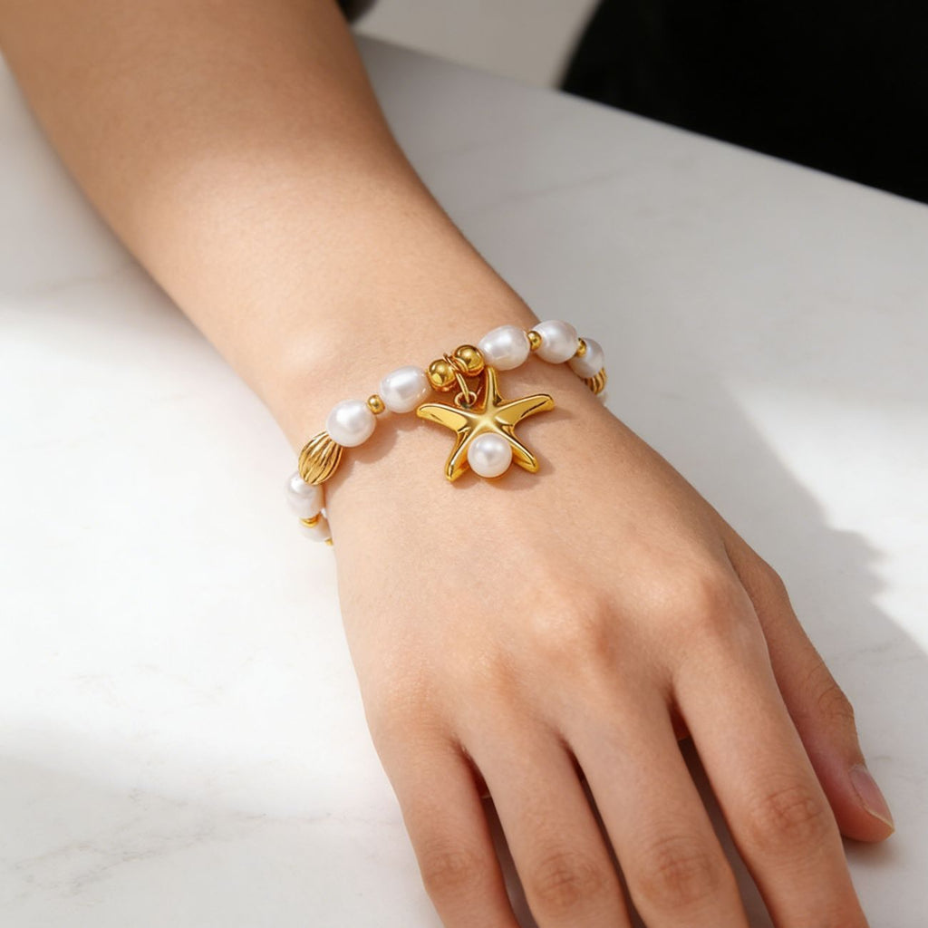 Pearl Chain Shell Bracelet — gold bracelet, view 3