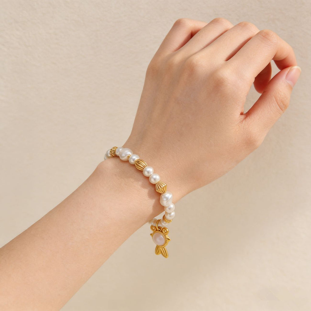 Pearl Chain Shell Bracelet — gold bracelet, view 4