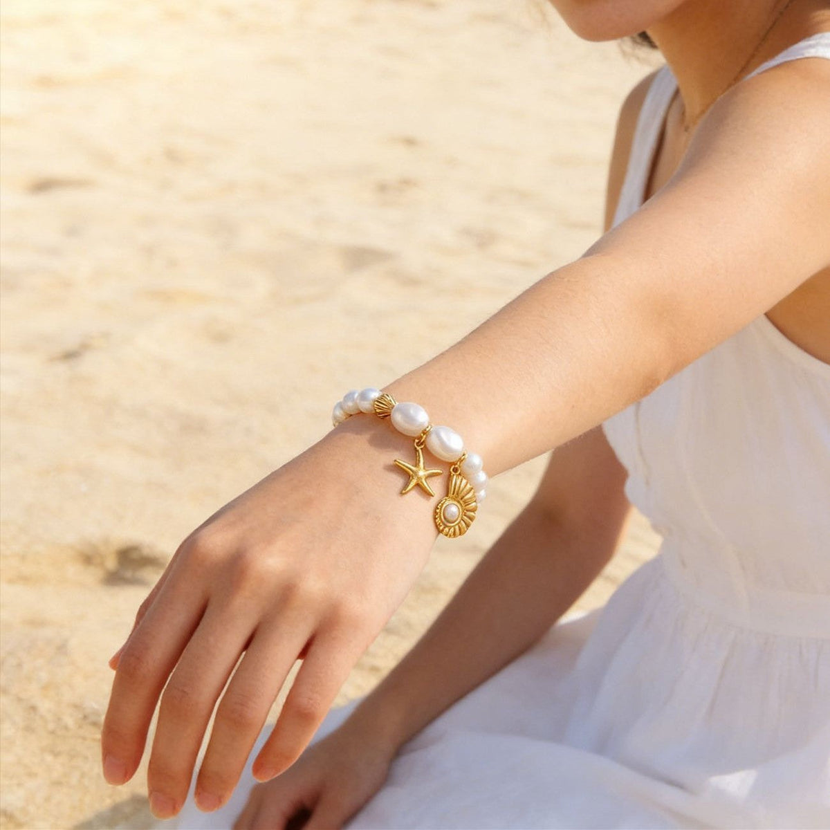 Pearl Chain Shell Bracelet — gold bracelet, view 5
