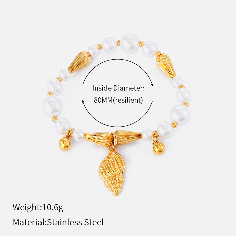 Pearl Chain Shell Bracelet — gold bracelet, view 7