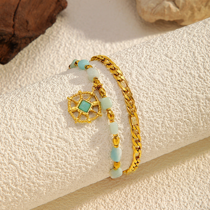 Double-Layer Beaded Zirconia Bracelet — gold bracelet, view 2