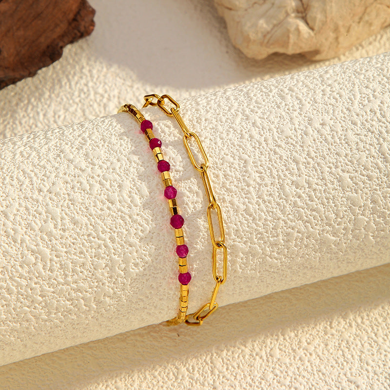 Double-Layer Beaded Zirconia Bracelet — gold bracelet, view 4