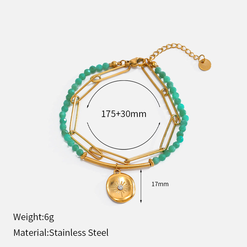 Double-Layer Beaded Zirconia Bracelet — gold bracelet, view 6