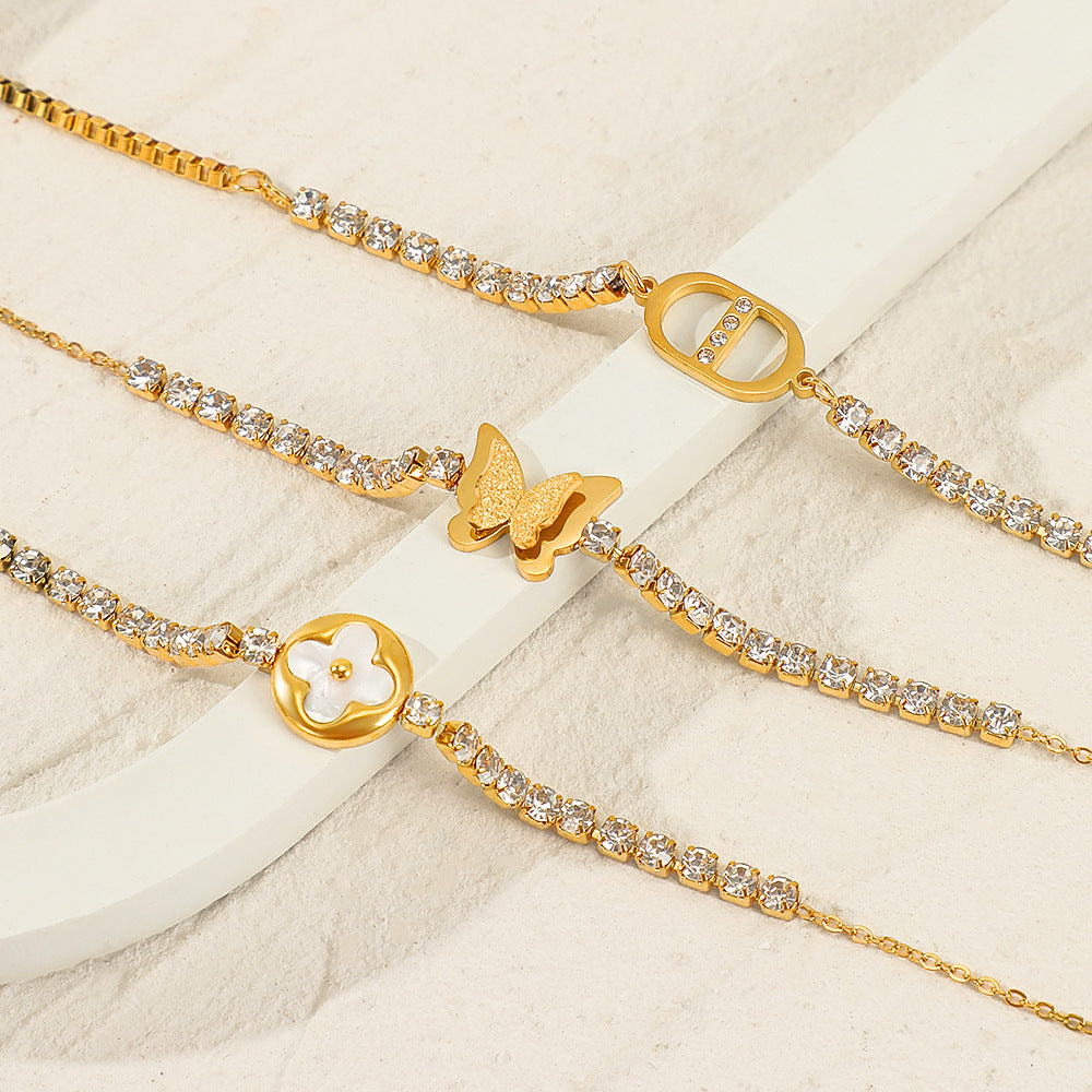 Clover Rhinestone Chain Bracelet — gold bracelet, view 2