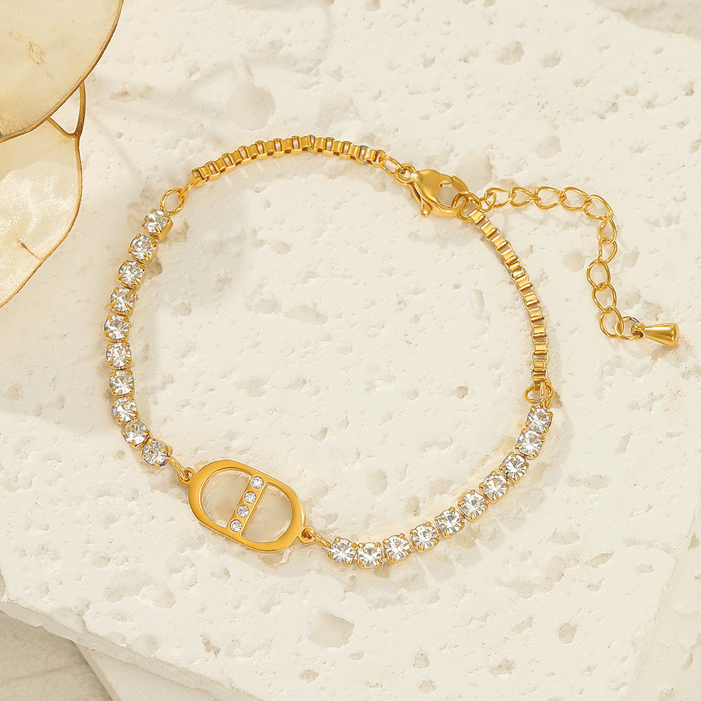 Clover Rhinestone Chain Bracelet — gold bracelet, view 3