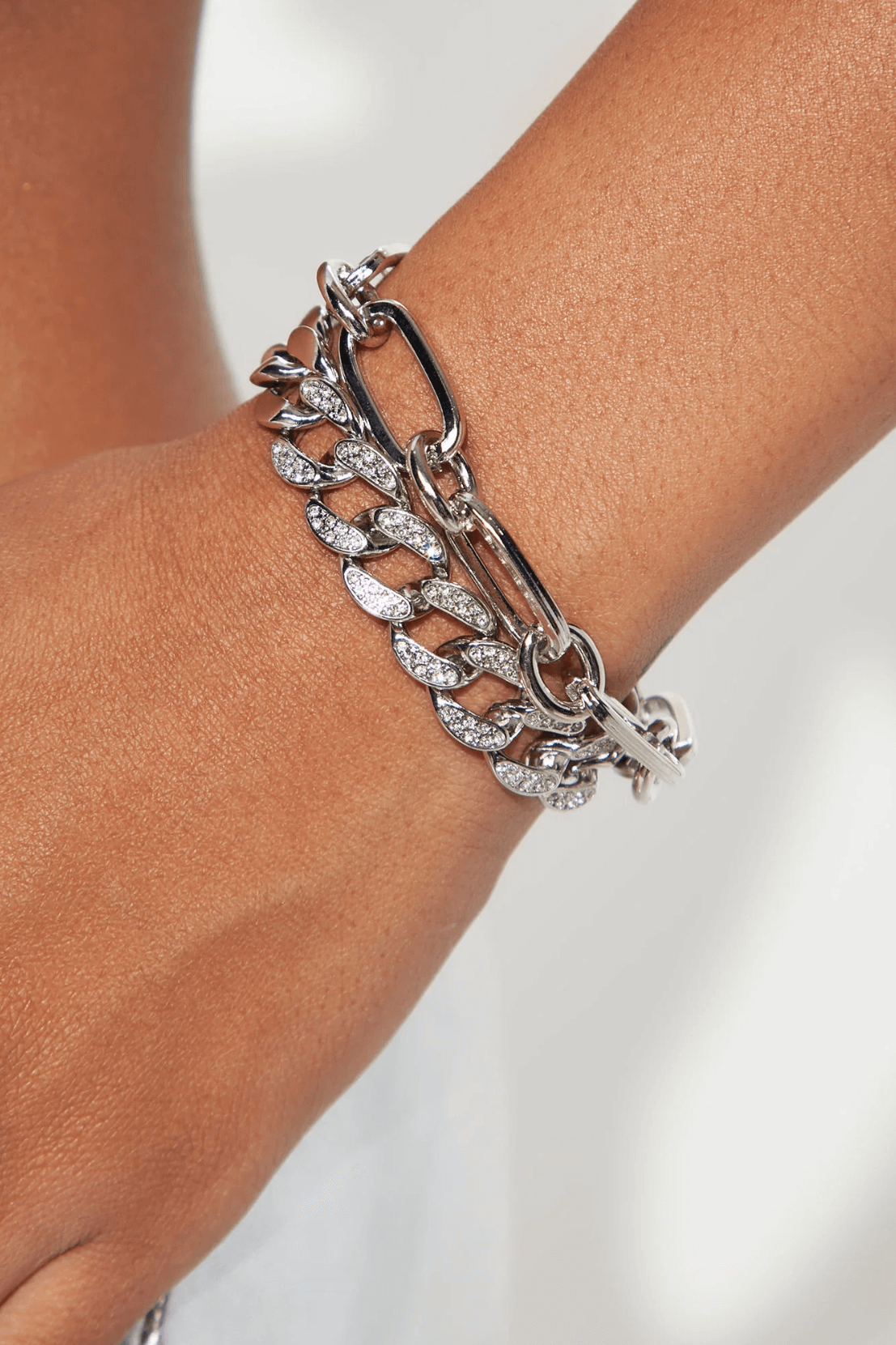 Layered Punk Rhinestone Bracelet — silver bracelet, view 2