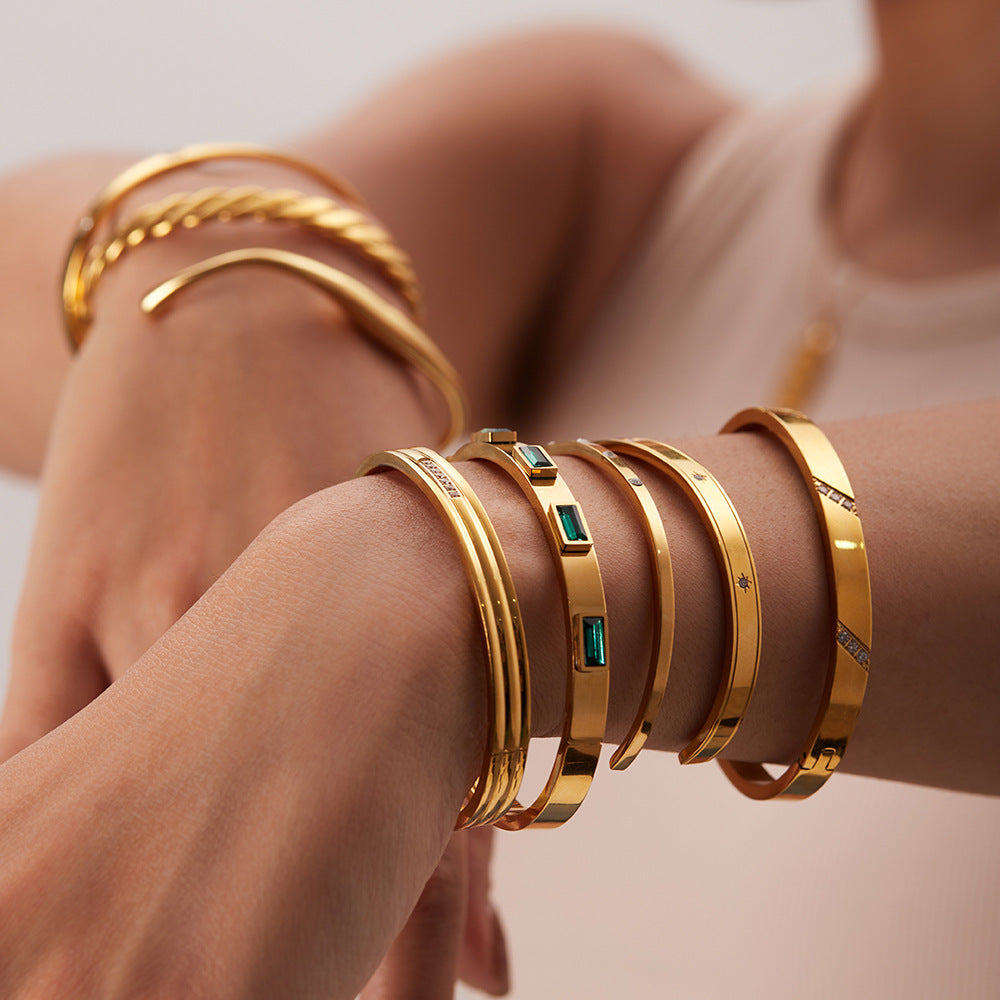 Zircon-Detail Steel Bangle — bracelet
