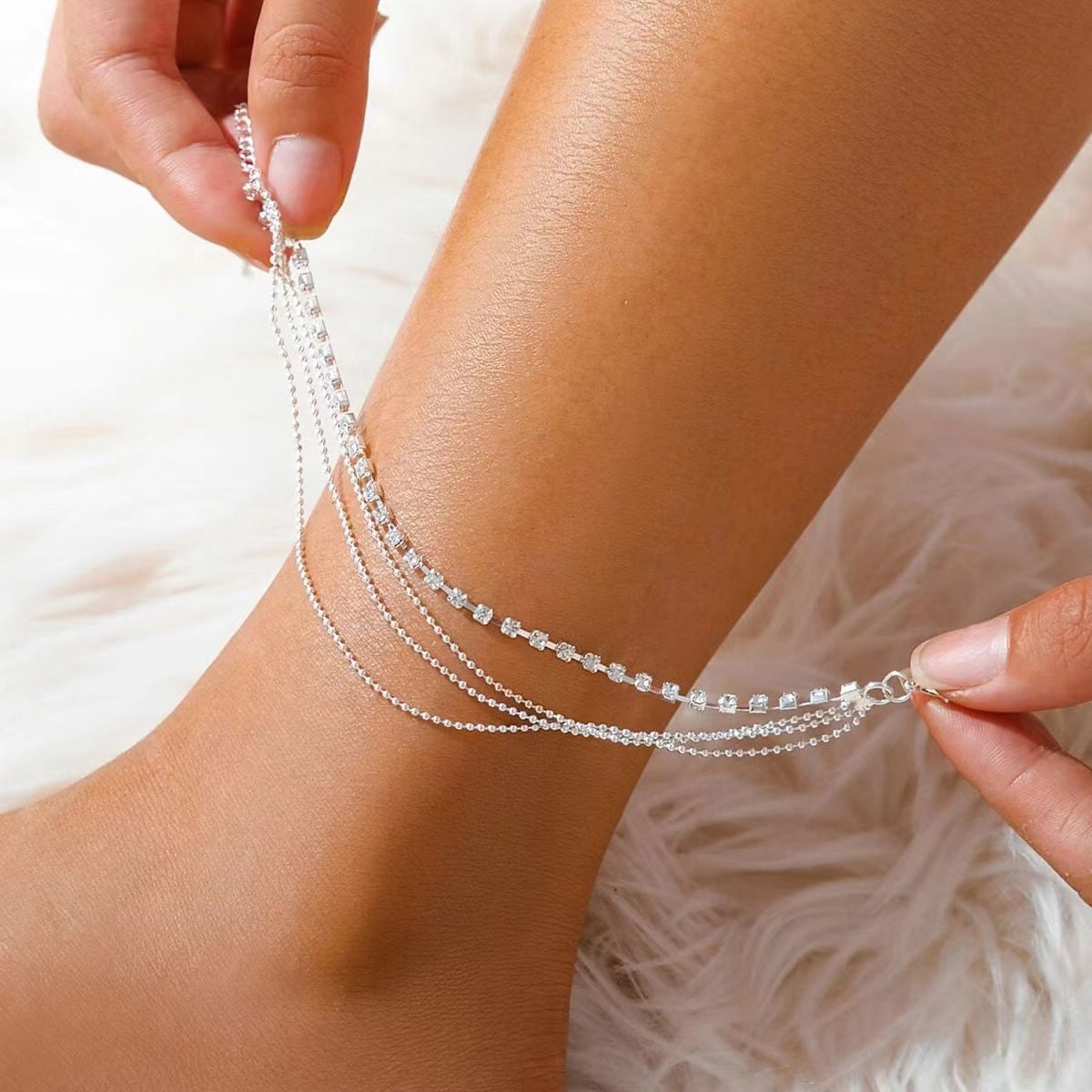 Fine Rhinestone Layered Anklet — silver anklet