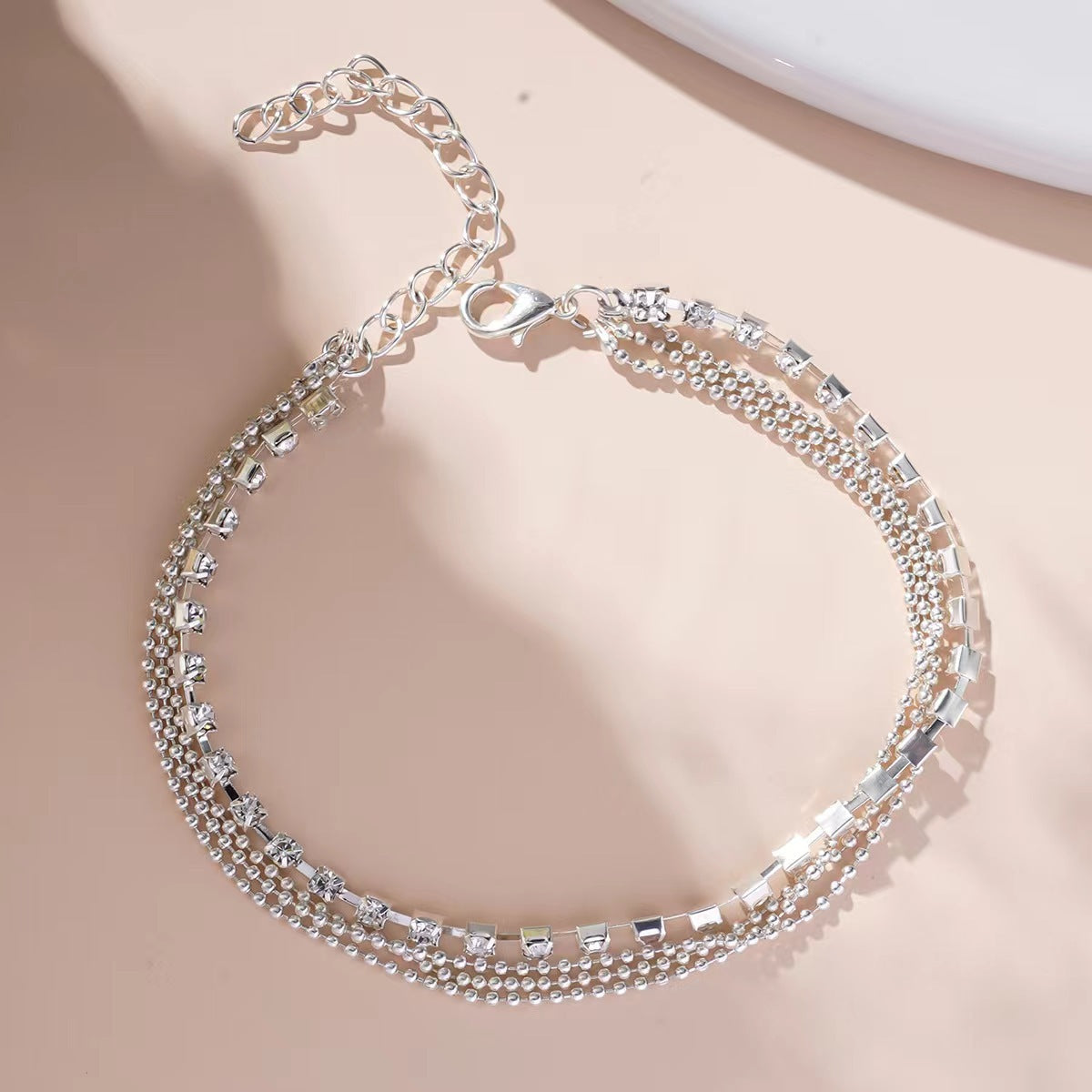 Fine Rhinestone Layered Anklet — silver anklet, view 3