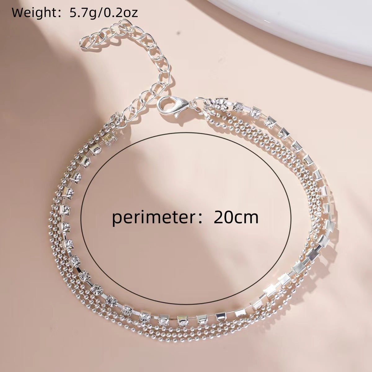 Fine Rhinestone Layered Anklet — silver anklet, view 4