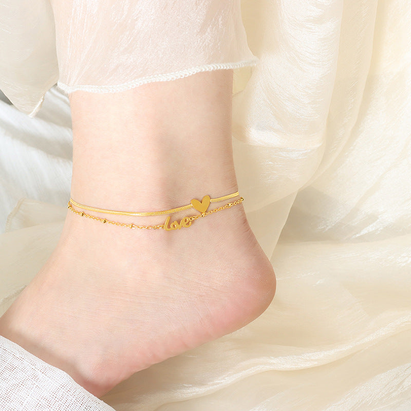 Letter and Love Pendant Anklet — gold anklet, view 2