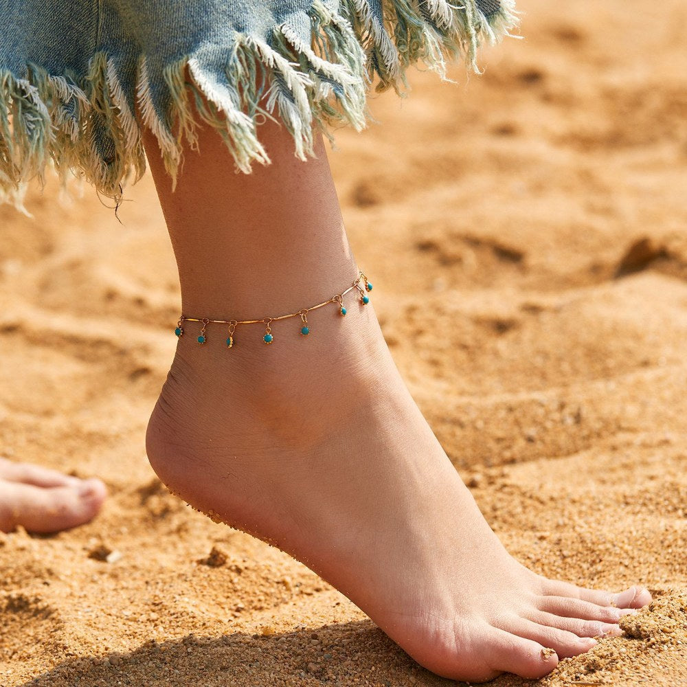 Blue Bead Pendant Tassel Anklet — gold anklet