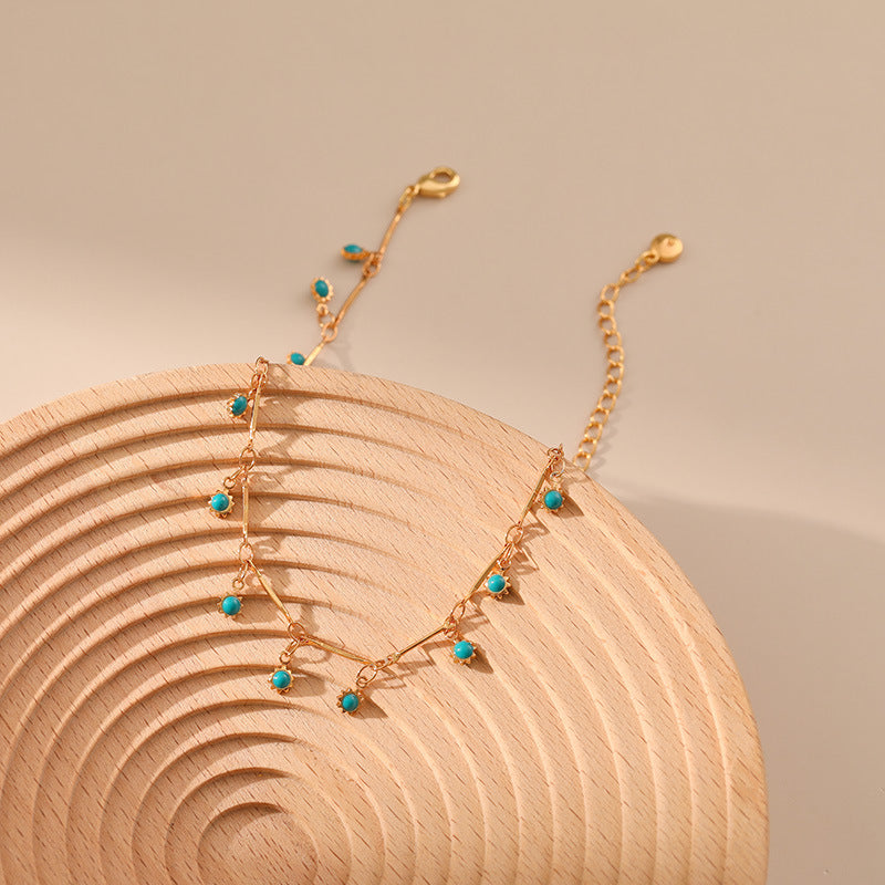 Blue Bead Pendant Tassel Anklet — gold anklet, view 2