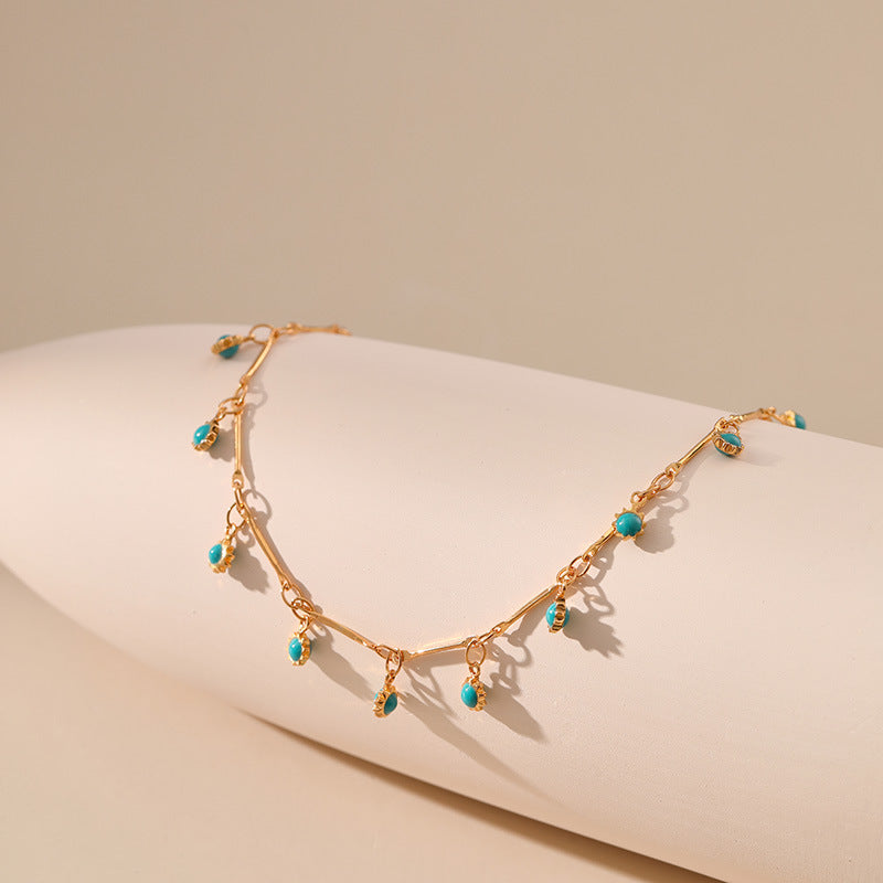Blue Bead Pendant Tassel Anklet — gold anklet, view 3
