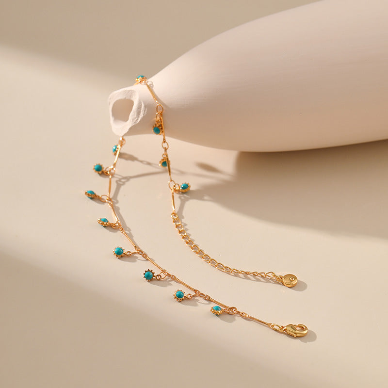 Blue Bead Pendant Tassel Anklet — gold anklet, view 4