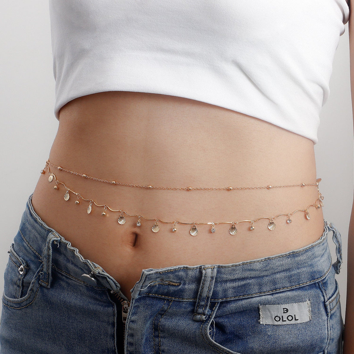 Shell Sequin Rhinestone Waist Chain — gold body chain