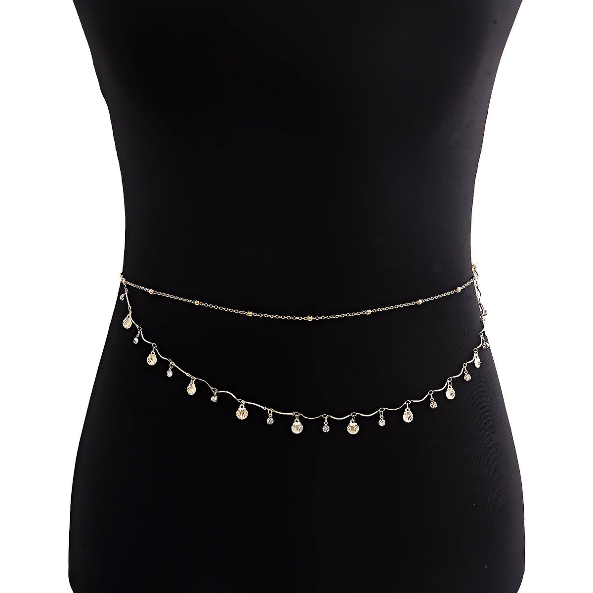 Shell Sequin Rhinestone Waist Chain — gold body chain, view 4