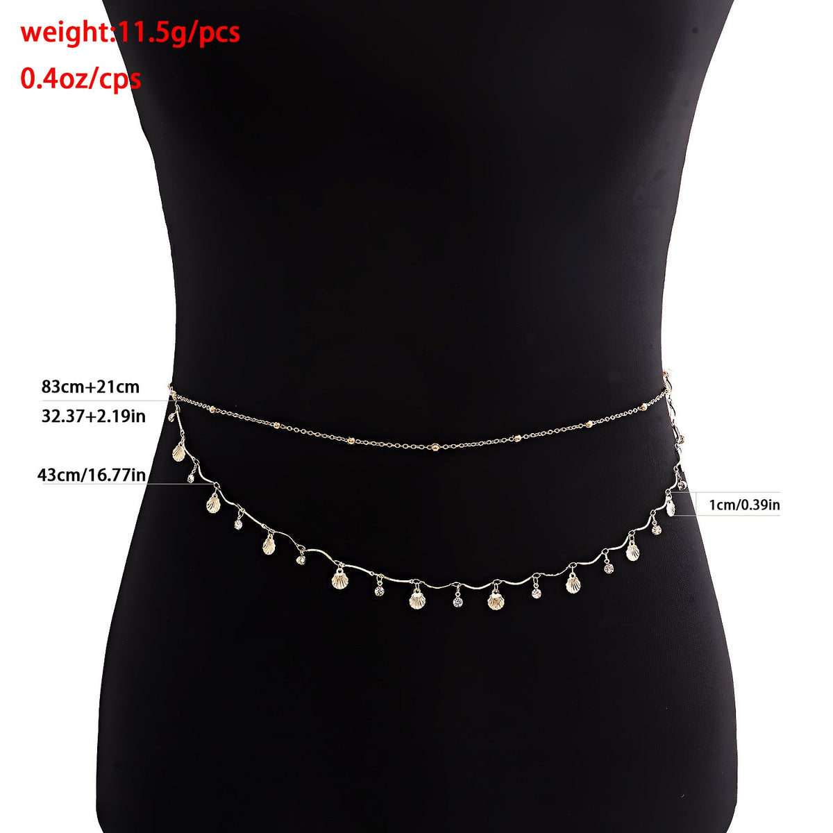 Shell Sequin Rhinestone Waist Chain — gold body chain, view 5
