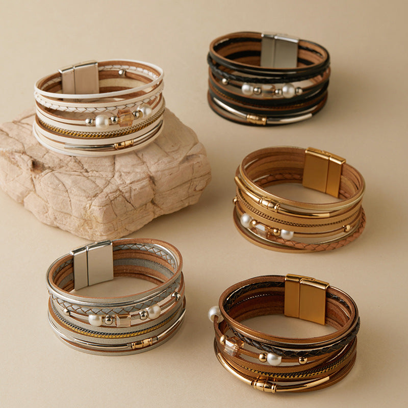 Pearl Detail Layered Leather Bracelet — bracelet