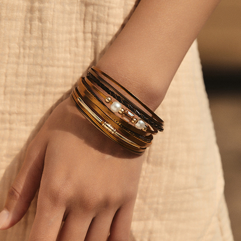 Pearl Detail Layered Leather Bracelet — bracelet, view 3