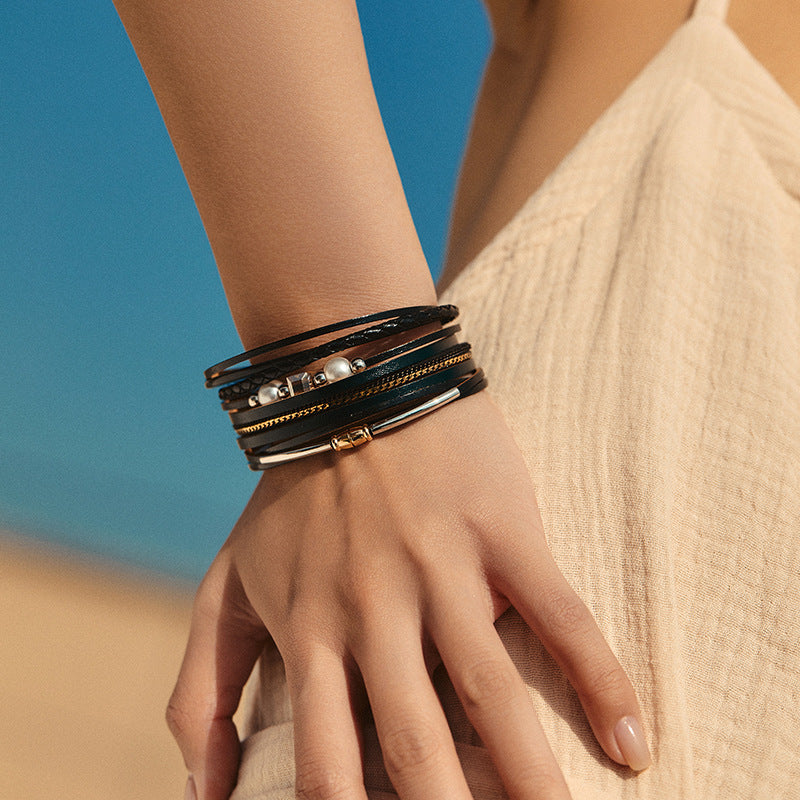 Pearl Detail Layered Leather Bracelet — bracelet, view 4