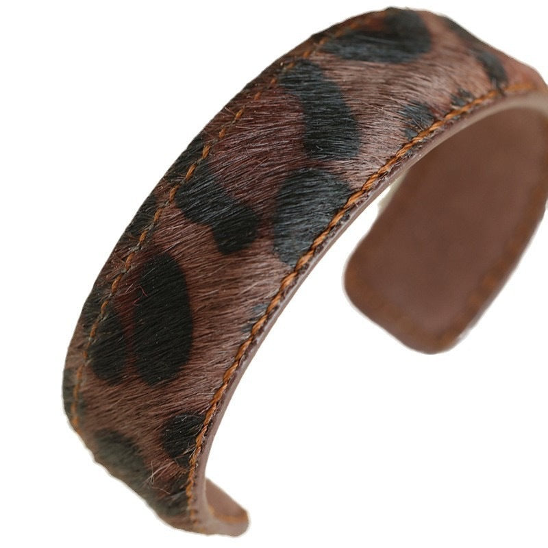 Leopard Print Wide Leather Cuff — bracelet, view 5