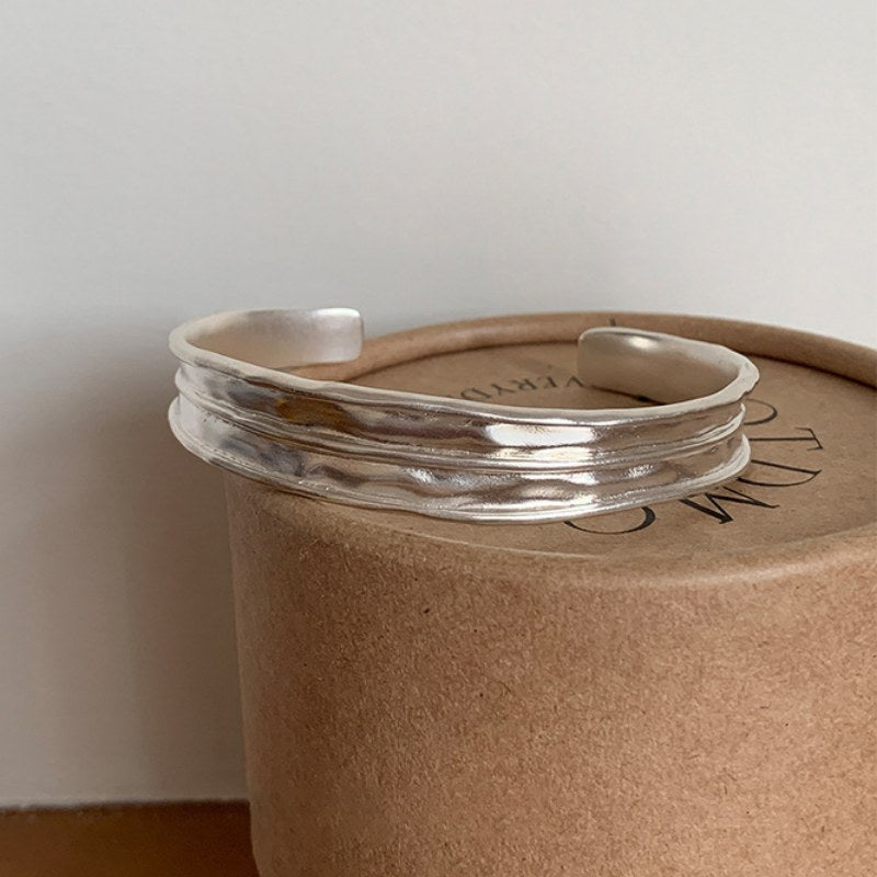 Pleated Wide Steel Bangle — silver bracelet
