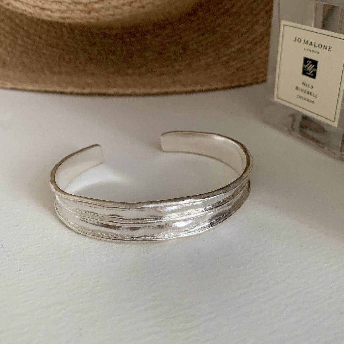 Pleated Wide Steel Bangle — silver bracelet, view 2