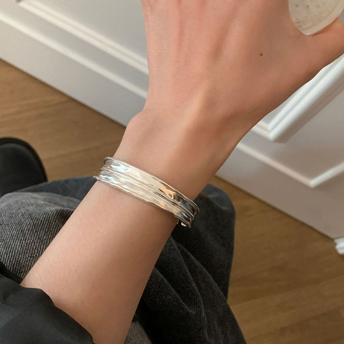Pleated Wide Steel Bangle — silver bracelet, view 3