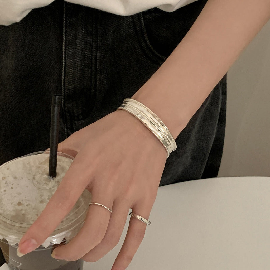 Pleated Wide Steel Bangle — silver bracelet, view 4