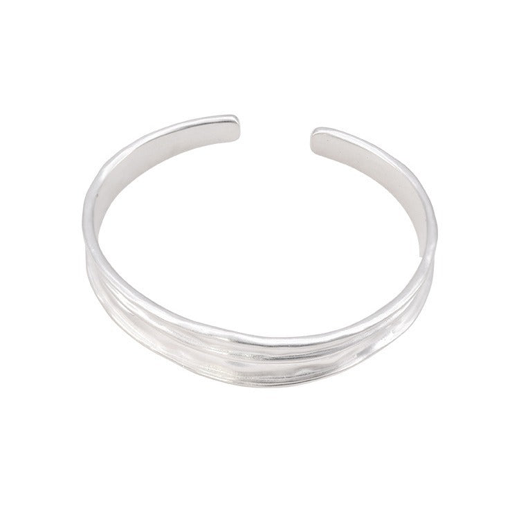 Pleated Wide Steel Bangle — silver bracelet, view 6