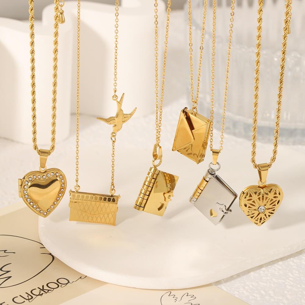 Book Locket Clavicle Necklace — gold c necklace, view 3