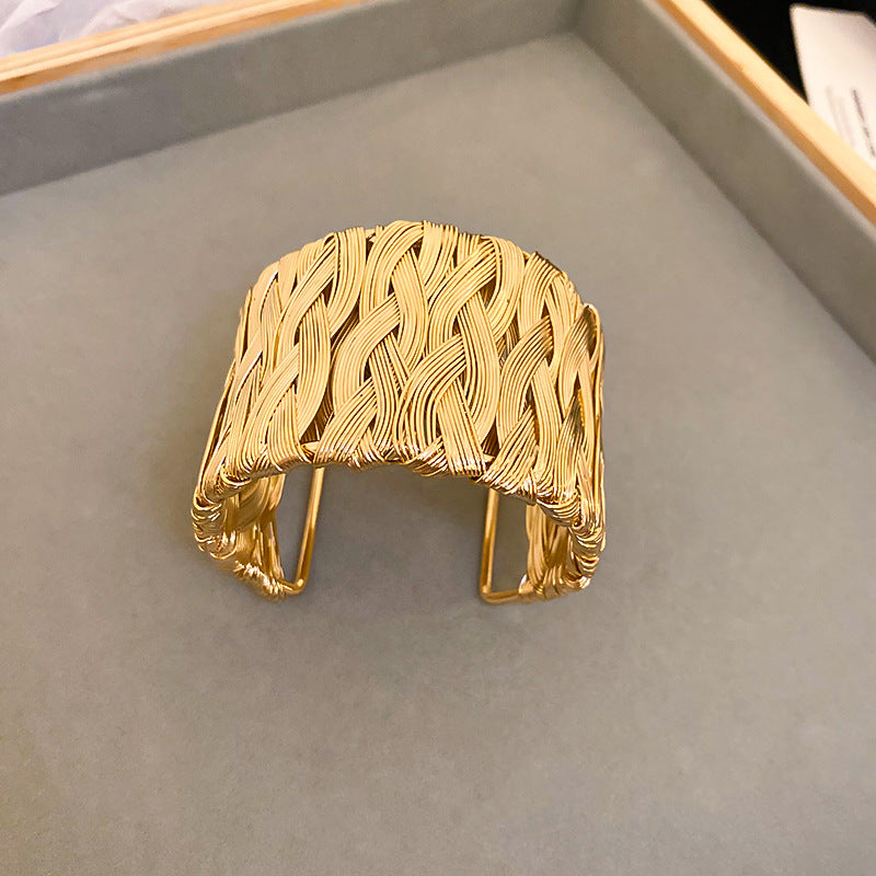 Wide Woven Gold-Tone Cuff Bracelet — bracelet, view 2