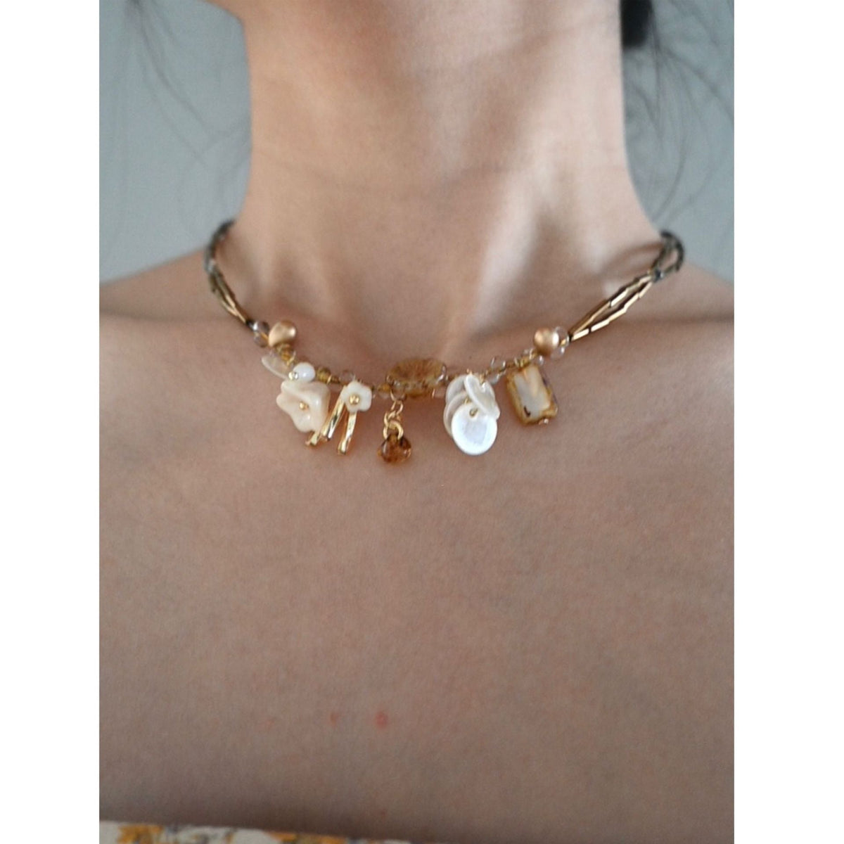 Double Layered Flower Choker — gold necklace, view 6