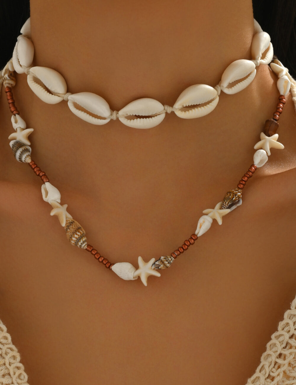 Layered Conch Shell Necklace — white necklace, view 2