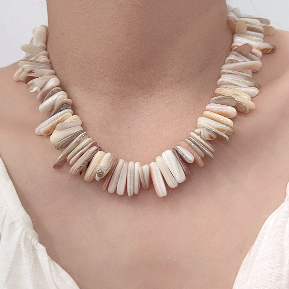 Irregular Shell Beaded Necklace — beige necklace, view 2