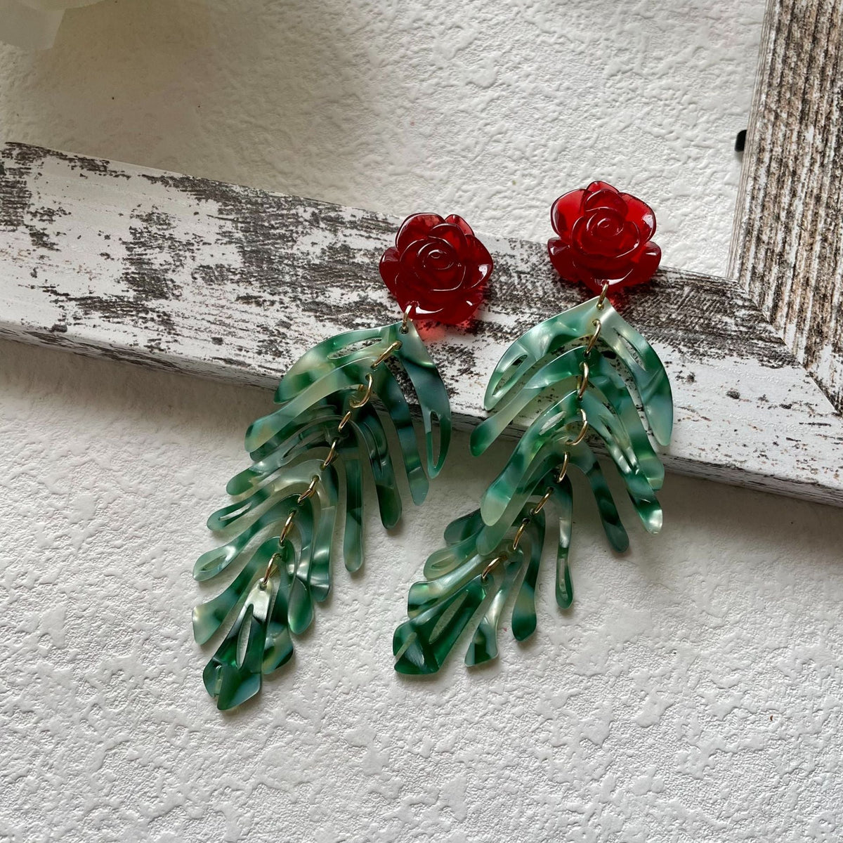 Red Rose Leaf Tassel Earrings — earrings, view 2