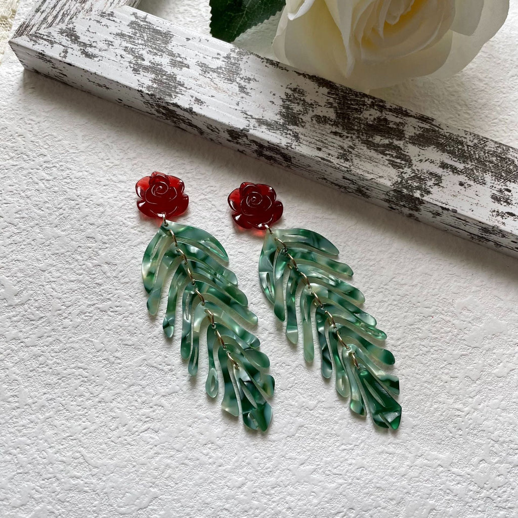 Red Rose Leaf Tassel Earrings — earrings, view 3