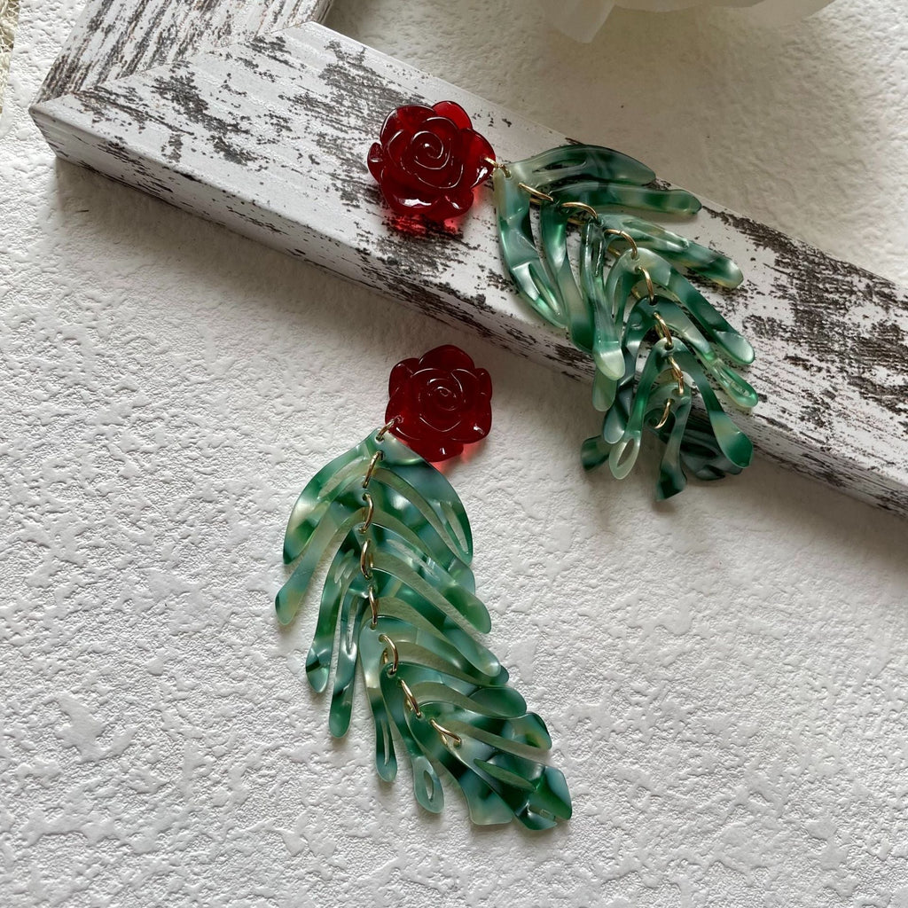 Red Rose Leaf Tassel Earrings — earrings, view 4