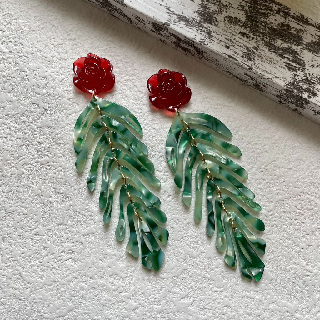 Red Rose Leaf Tassel Earrings — earrings, view 5