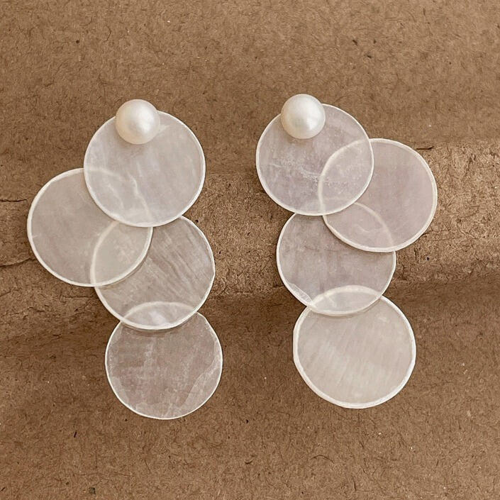 Round Shell Drop Earrings — white earrings, view 2