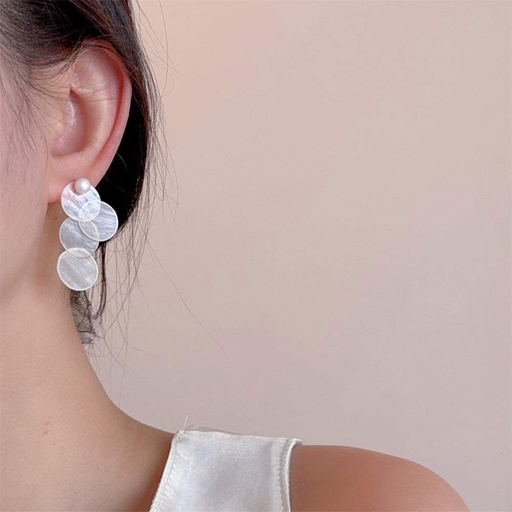 Round Shell Drop Earrings — white earrings, view 3