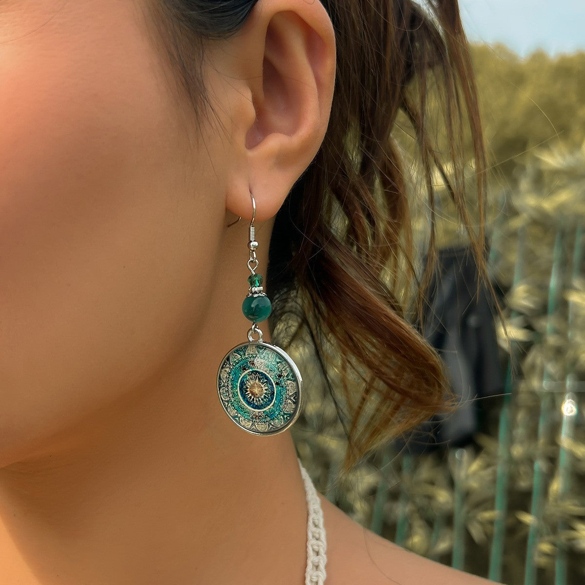Mandala Dreamcatcher Dangle Earrings — silver earrings, view 2